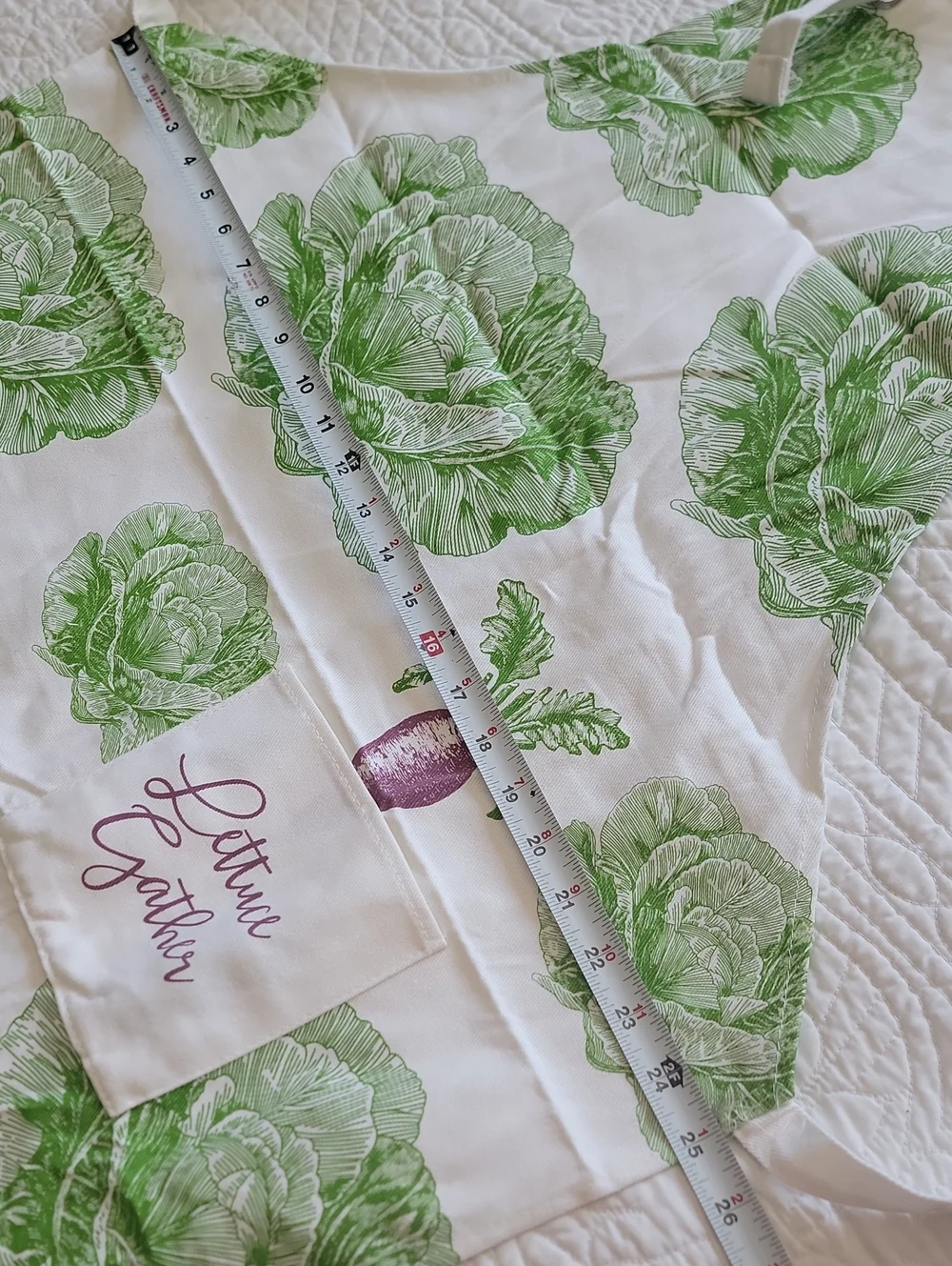 White Garden Inspired Kitchen Apron with Green Lettuce Print - 